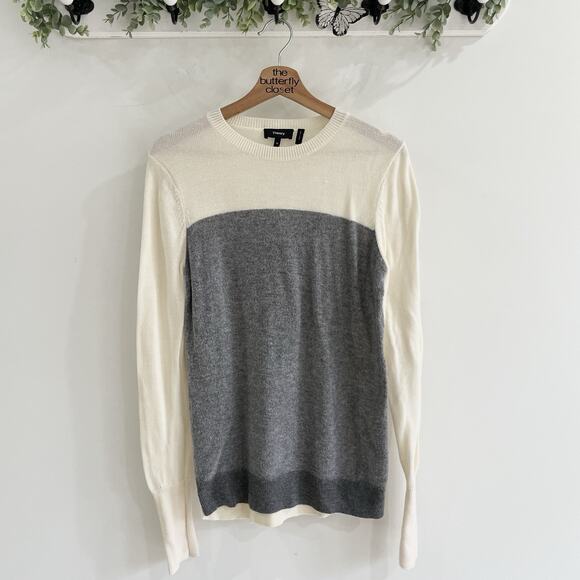 Theory Crewneck Color blocked Gray And Cream Merino Wool Blend Sweater Size M - Picture 1 of 4